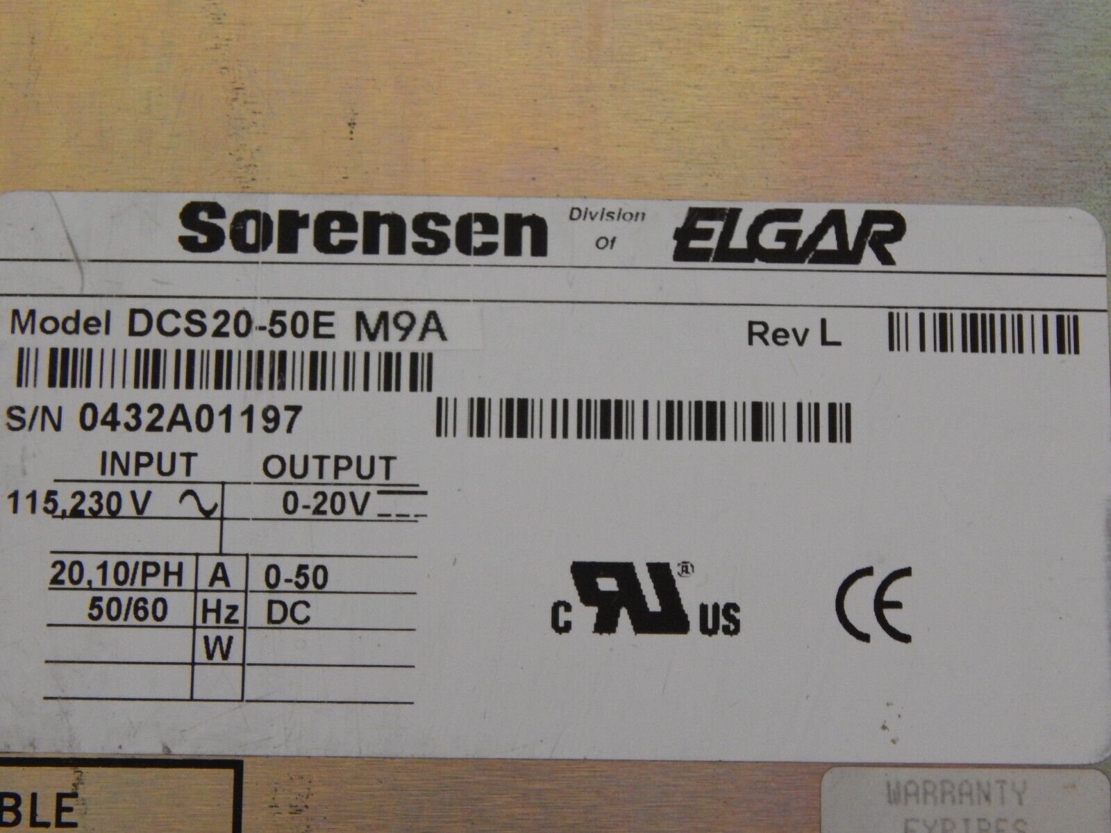 SORENSEN DCS20-50E M9A (GPIB) DC Power Supply SORENSEN DCS20-50E M9A (GPIB) DC Power Supply